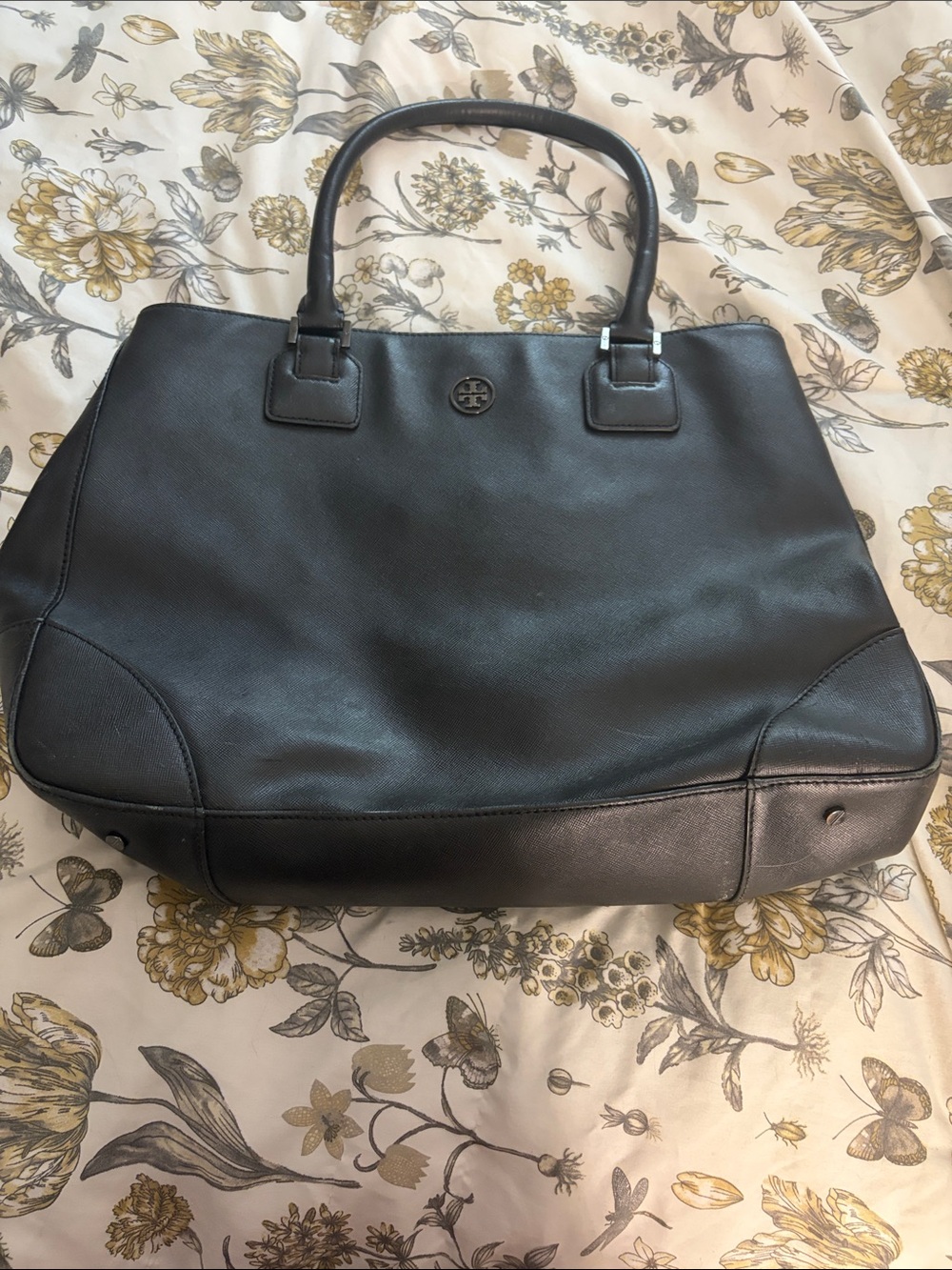 Tory Burch Black Leather Tote with Logo Medallion